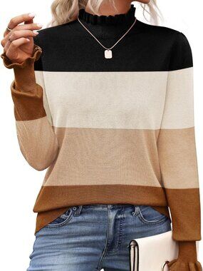 Chic Women's Turtleneck Sweater Dressy Knit Long Sleeve Top with Ruffles